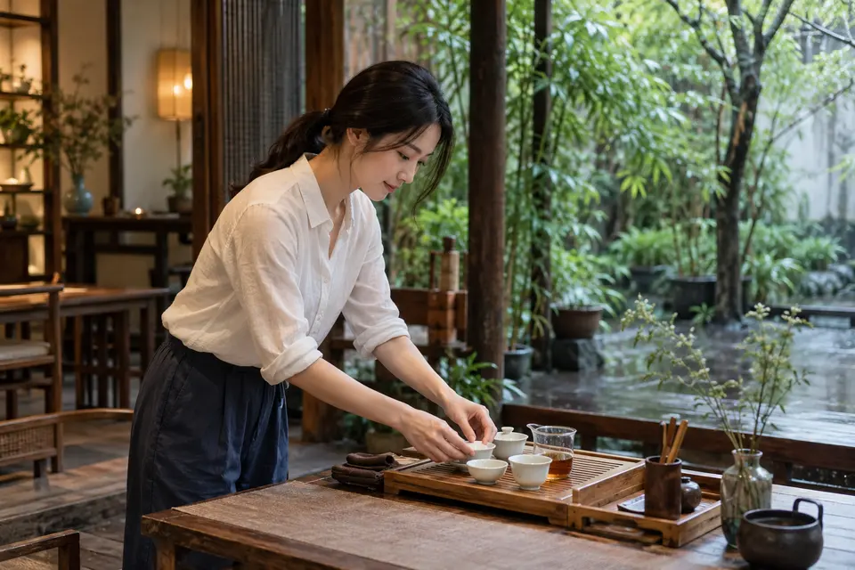 庭院茶席布置场景，盖碗与竹制茶具陈列于桌面