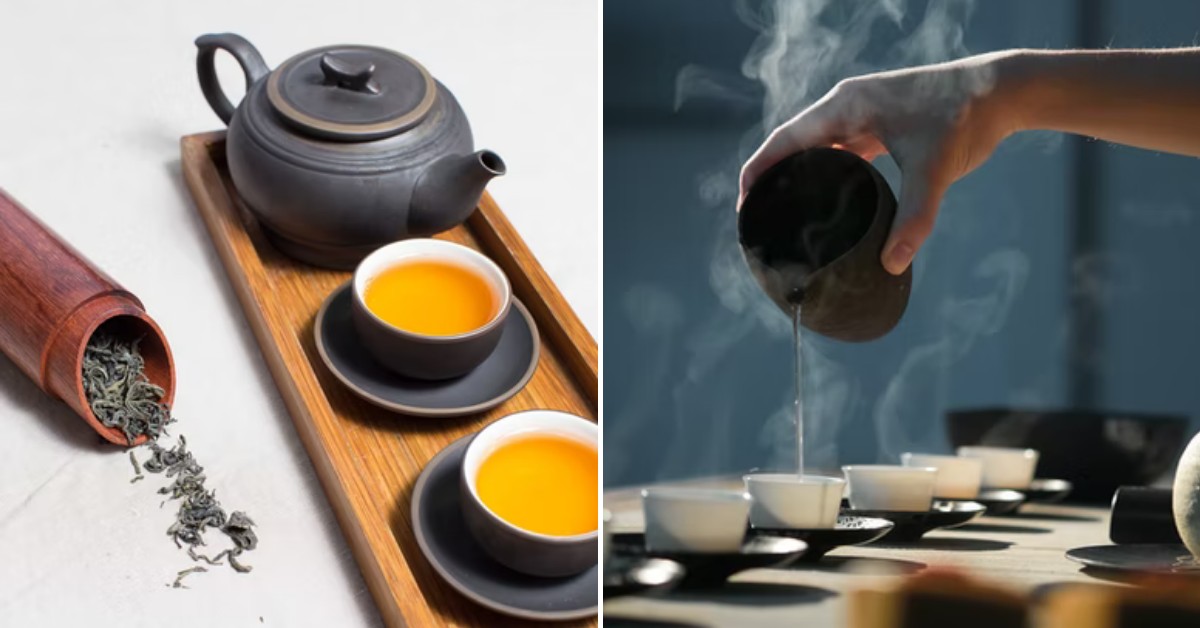 岭南庭院中的茶友交流场景，青瓷茶具与倒茶动作