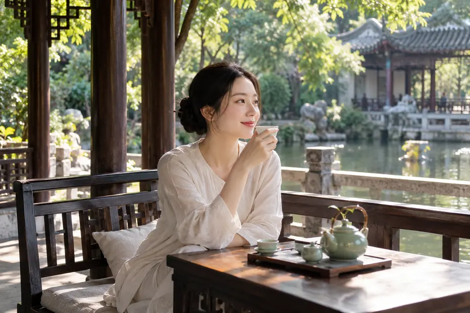园林水榭中的休闲茶席，青瓷茶具摆放于户外桌面