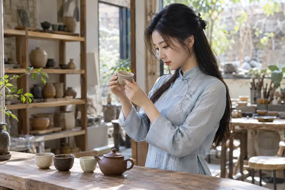 工作室内，一位年轻女性端详陶杯，挑选适合自己的品饮茶器