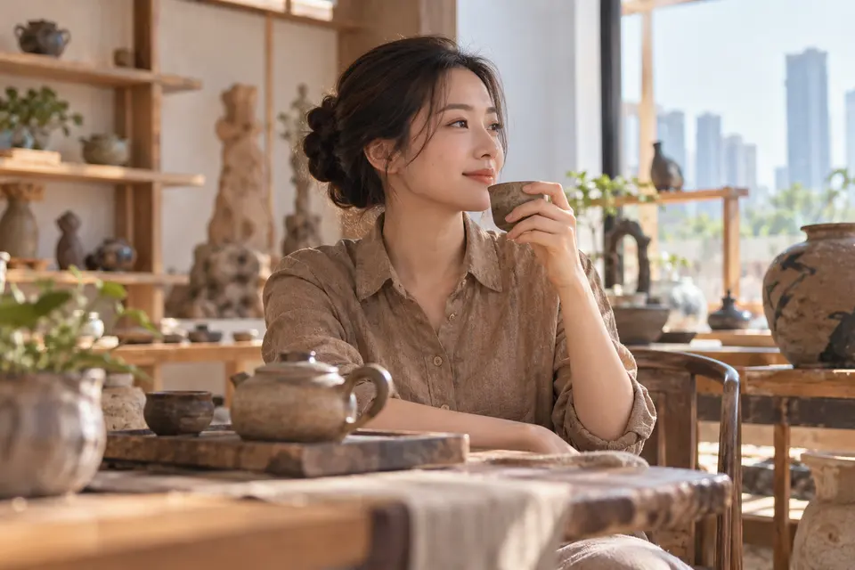 陶艺茶器工作室内，一位年轻女性在茶席前品茶，桌上摆放陶杯与茶具