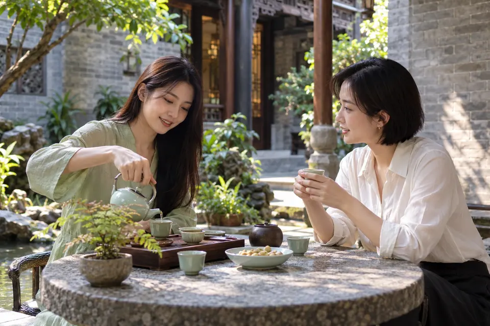 岭南庭院中的茶友交流场景，青瓷茶具与倒茶动作